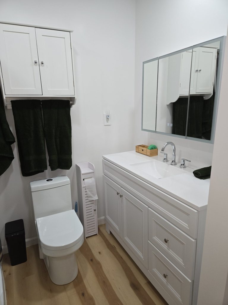 Bright white bathroom with toilet, vanity, mirrored cabinet, and modern fixtures showcasing a clean and functional design.