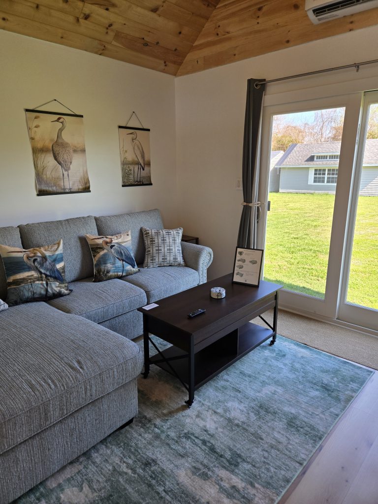 Cozy living room with gray sofa and large window view