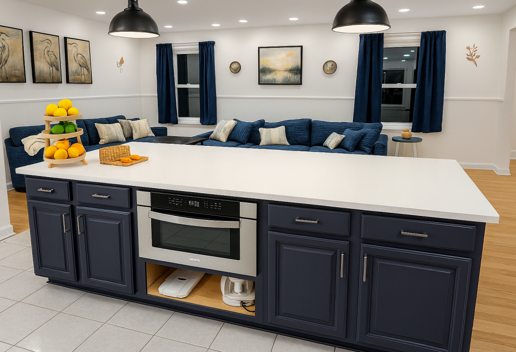 Kitchen island with white countertop, navy blue cabinets, and stainless steel oven. Photo gallery design element.