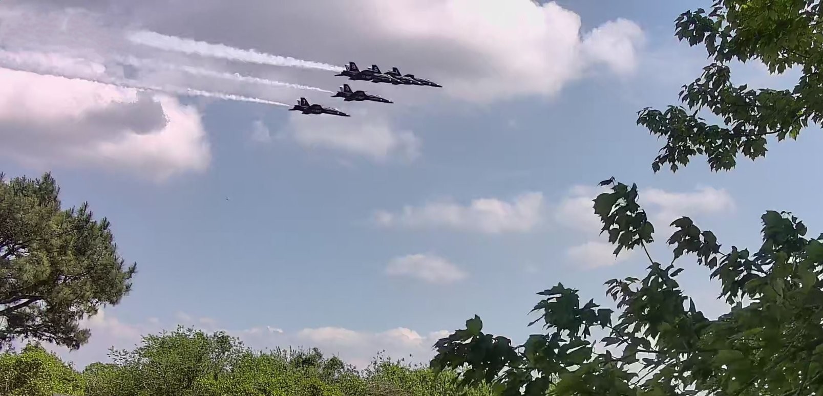 Jets flying in formation over a lush green landscape and trees