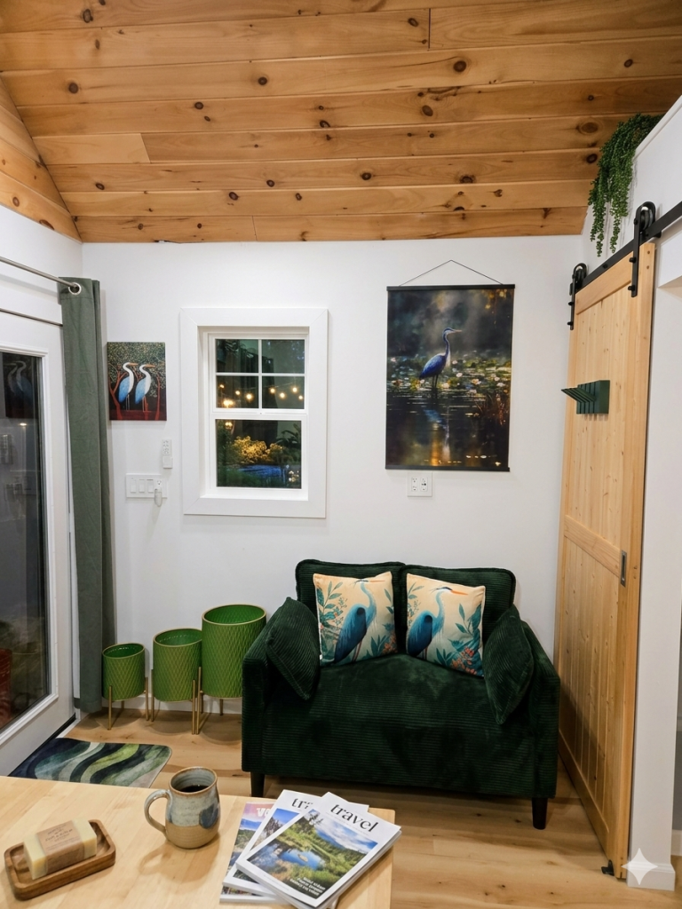 Living room photo gallery featuring heron art, green sofa, and sliding barn door. Interior design and cozy home decor.