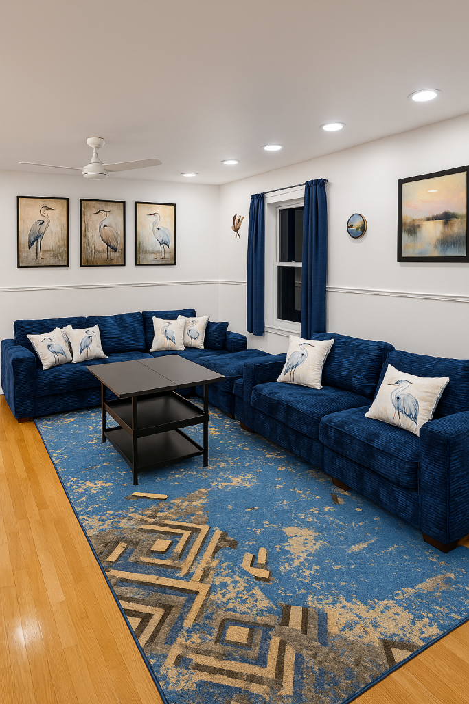 Living room photo gallery: Blue corduroy sofa, heron art, patterned rug, and black coffee table create a cozy, stylish space.