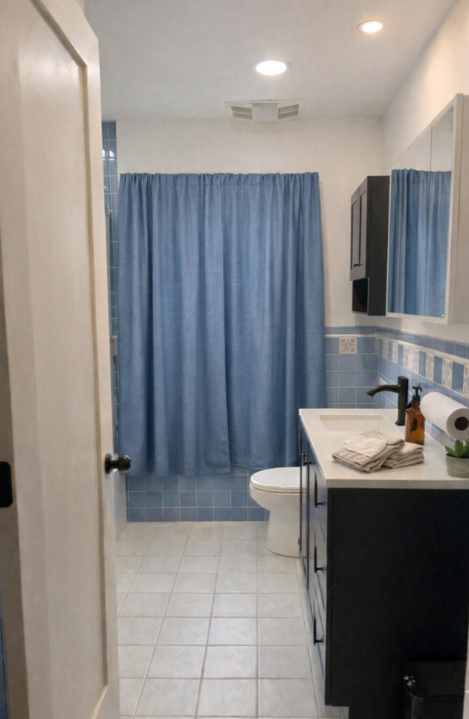 Master bathroom photo gallery: Modern blue bathroom featuring a vanity, shower curtain, and tile floor.