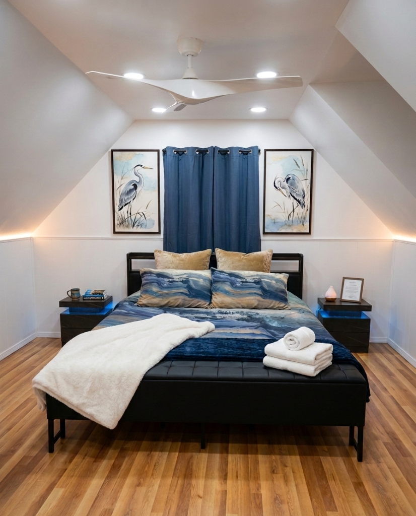Master bedroom photo gallery image. Modern bedroom design with heron art, blue bedding, and a ceiling fan.